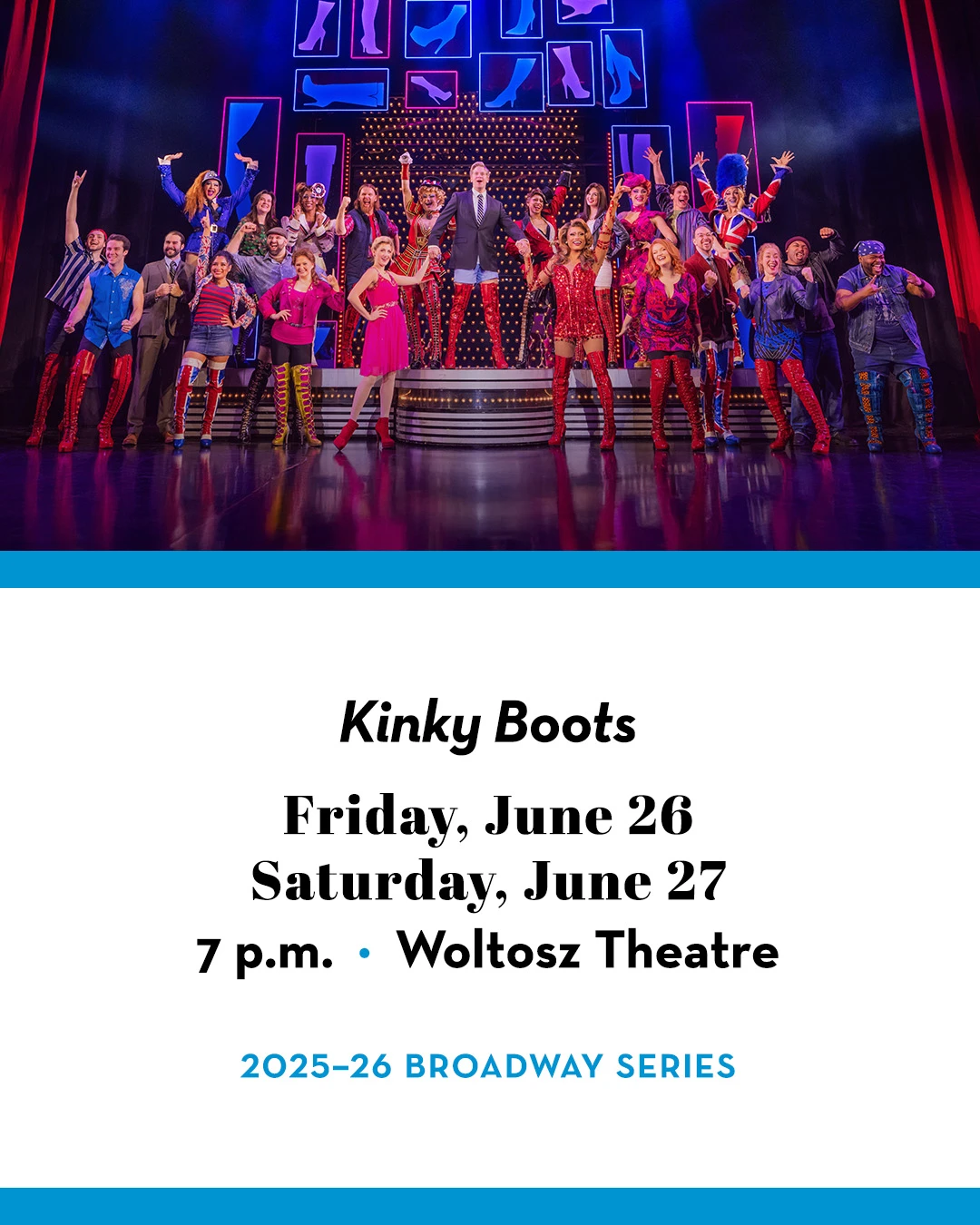 "Kinky Boots" cast members pose on stage.