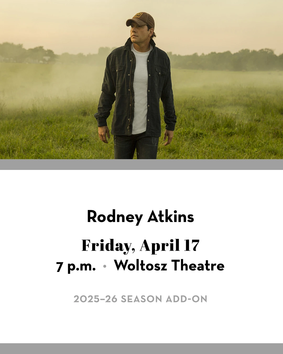 Country singer Rodney Atkins will perform at the Gogue Center on Friday, April 17, 2026, at 7 p.m.