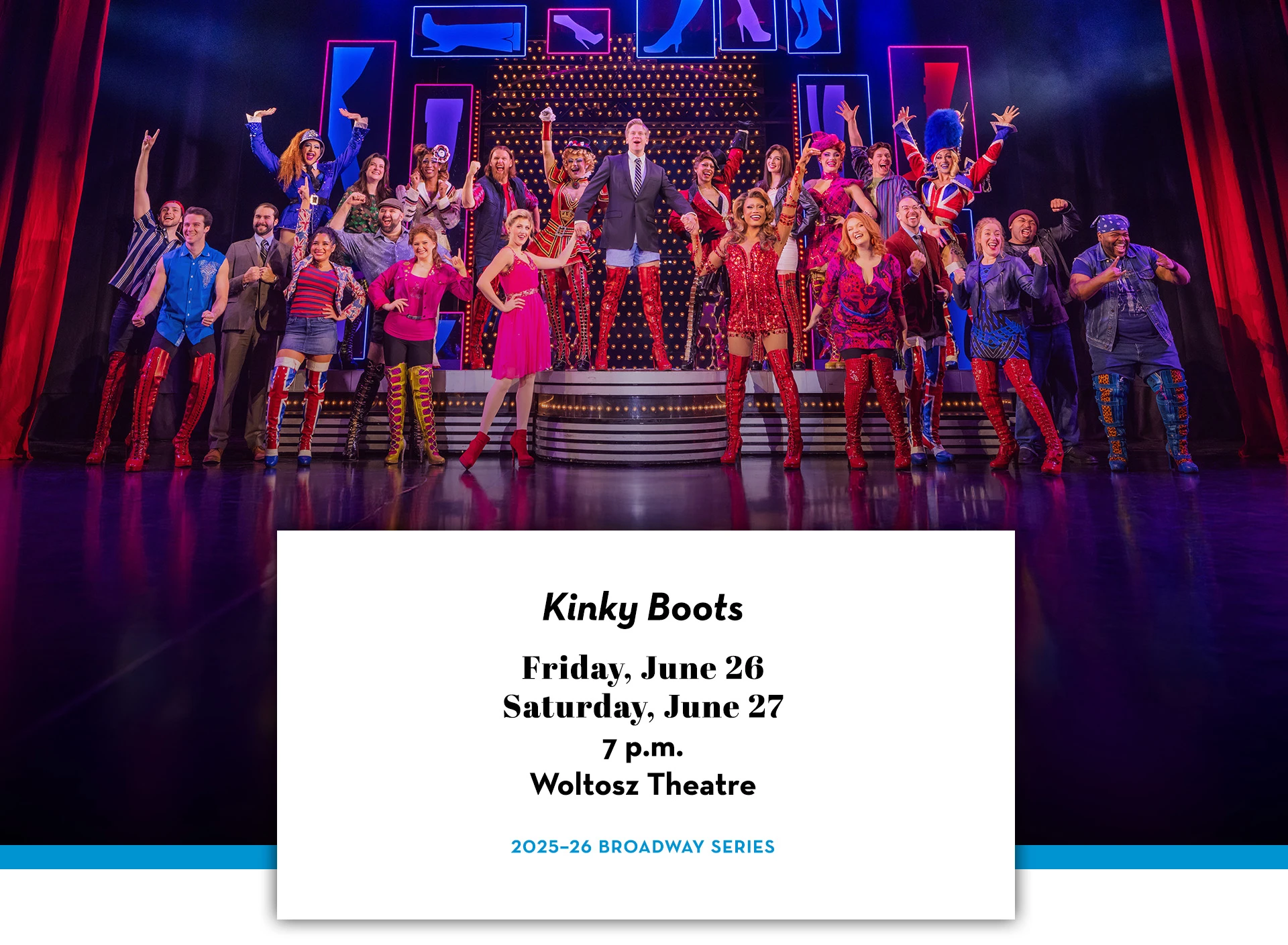 "Kinky Boots" cast members pose on stage.