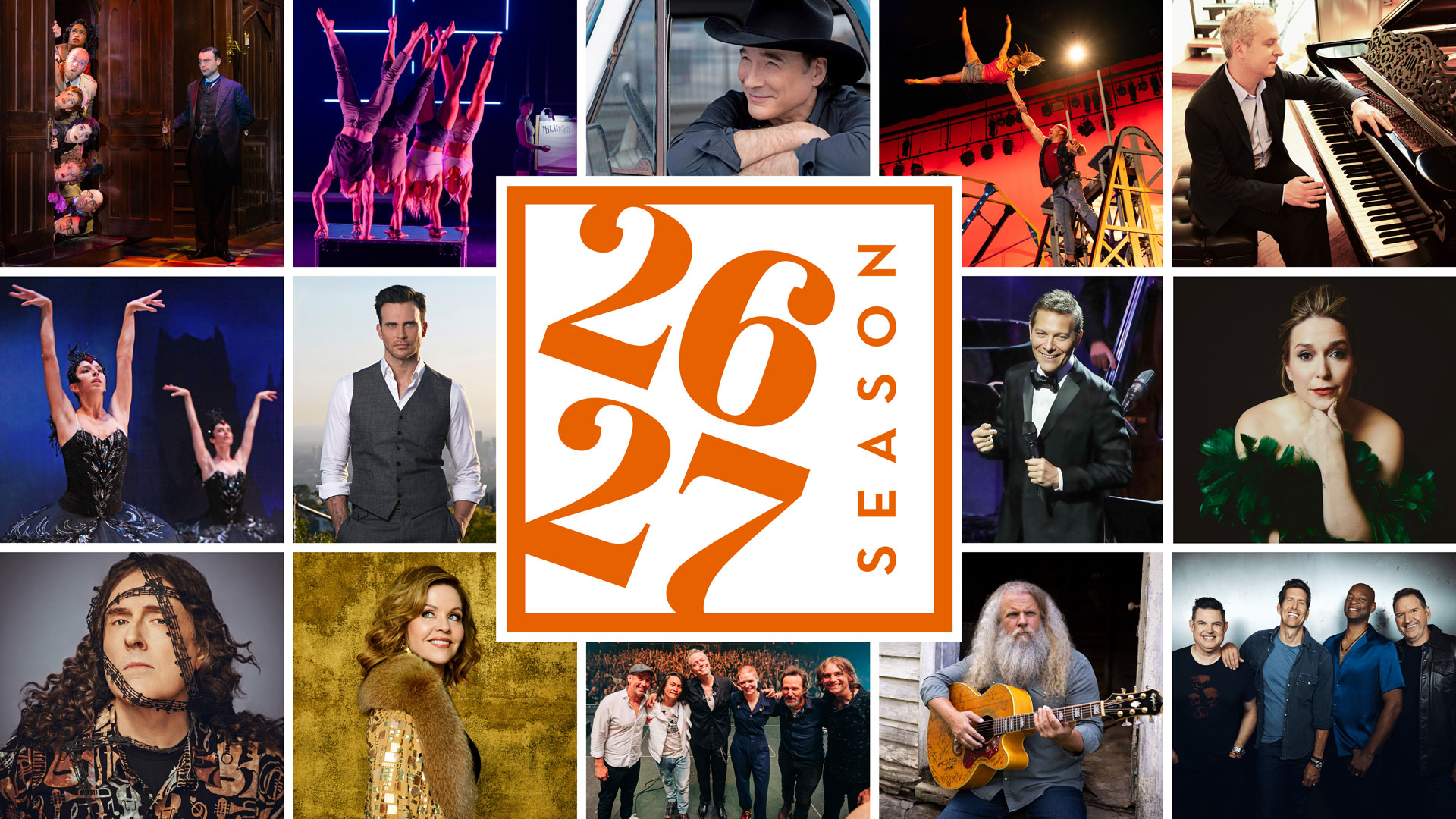Collage showing variety of artists and performances featured in the Gogue Center's 2026–27 season.