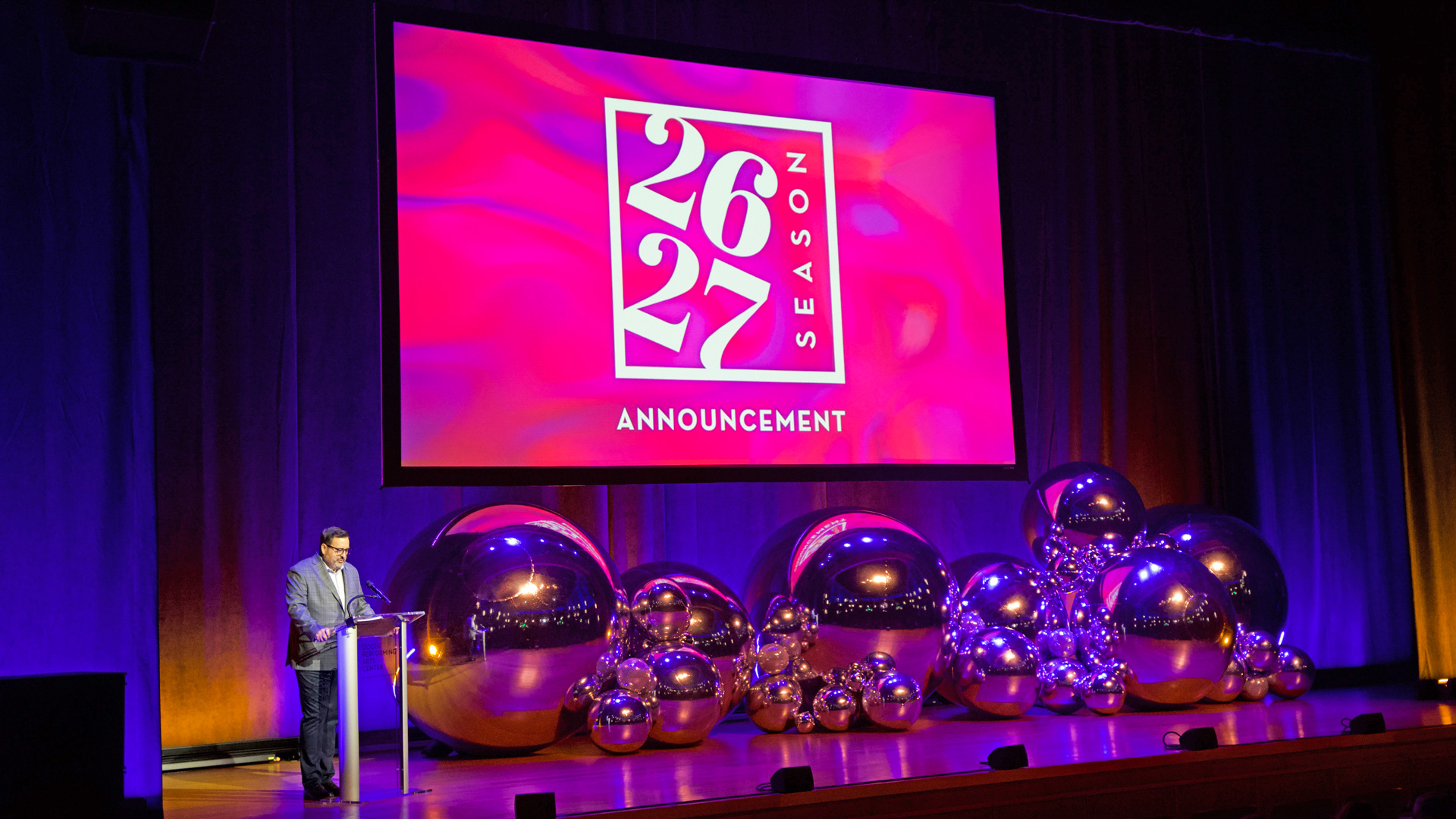 Gogue Center Executive Director Christopher Heacox introduces the center's 2026–27 season lineup. 