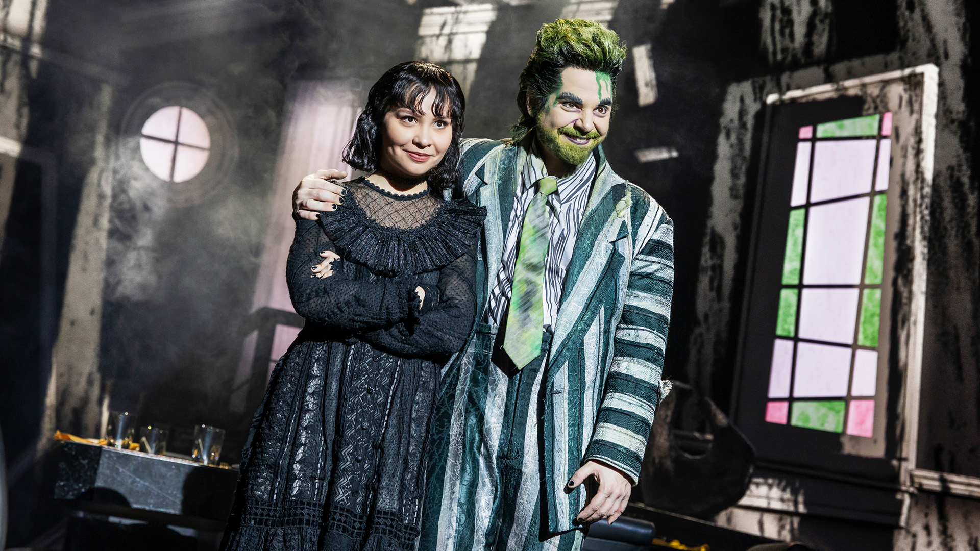 Scene from Beetlejuice featuring Beetlejuice and Lydia.
