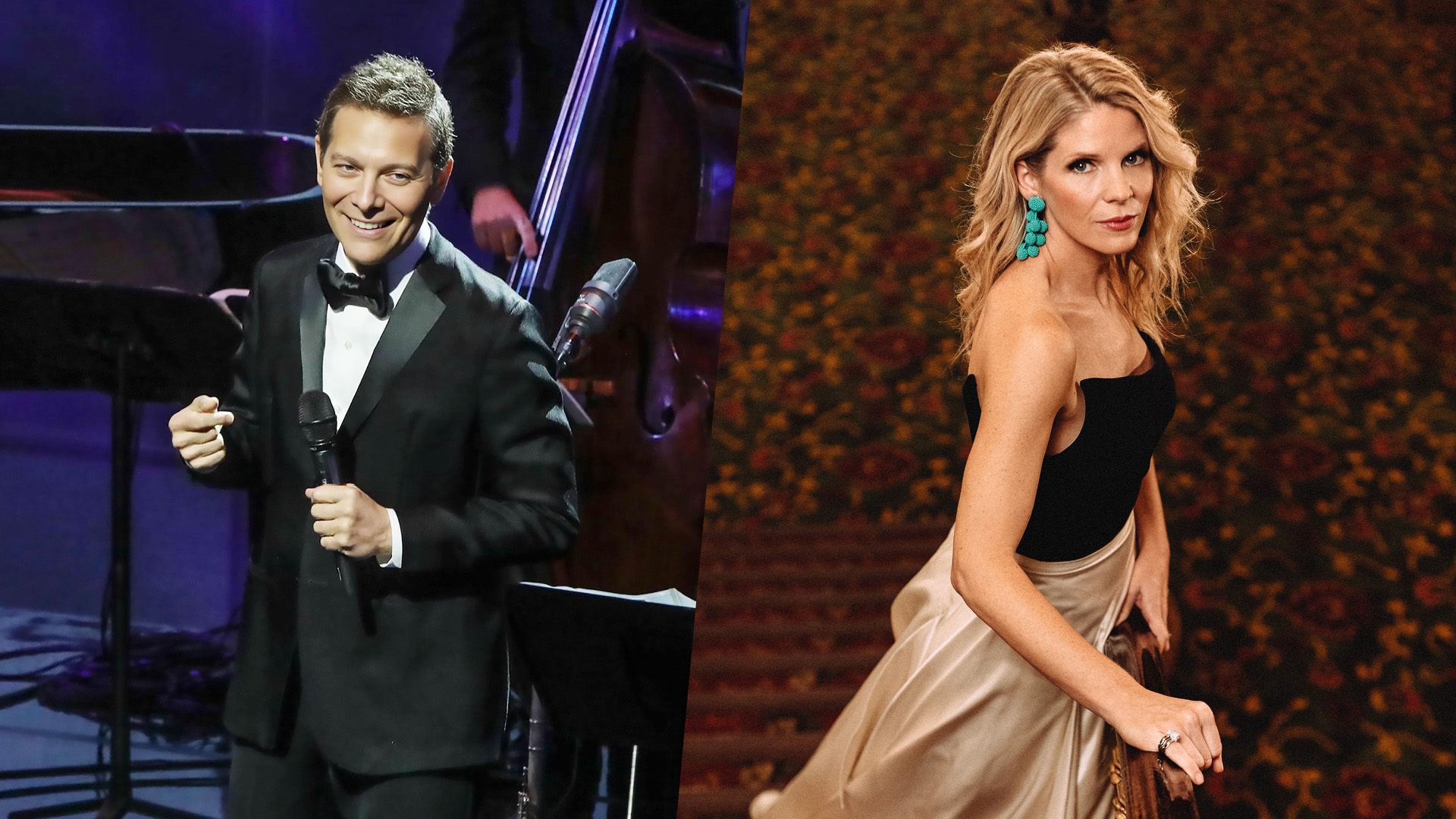 Michael Feinstien in black tuxedo next to Kelli O’Hara in black and gold dress.
