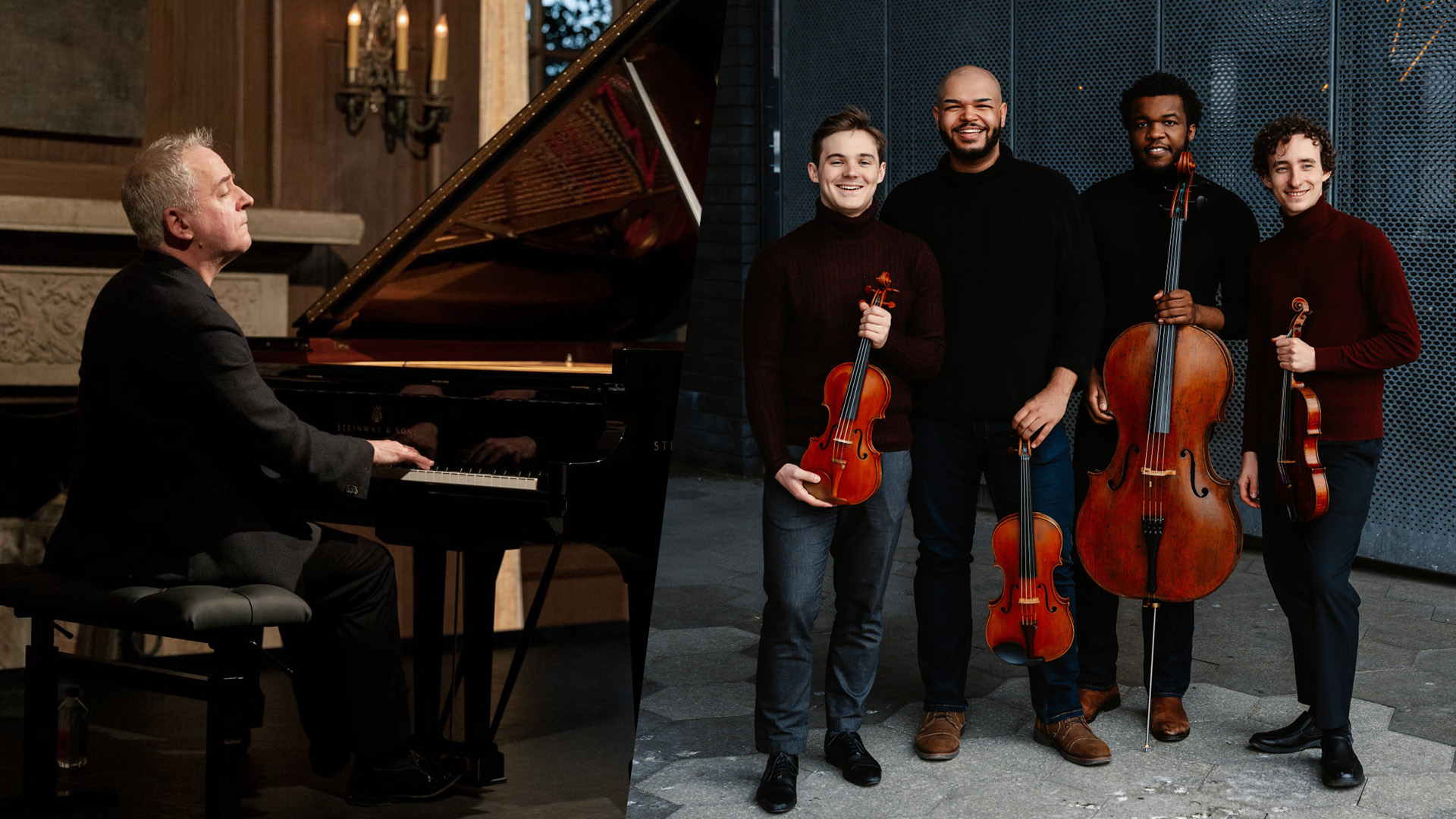 Jeremy Denk playing piano and Isidore Quartet members standing together with their instruments.