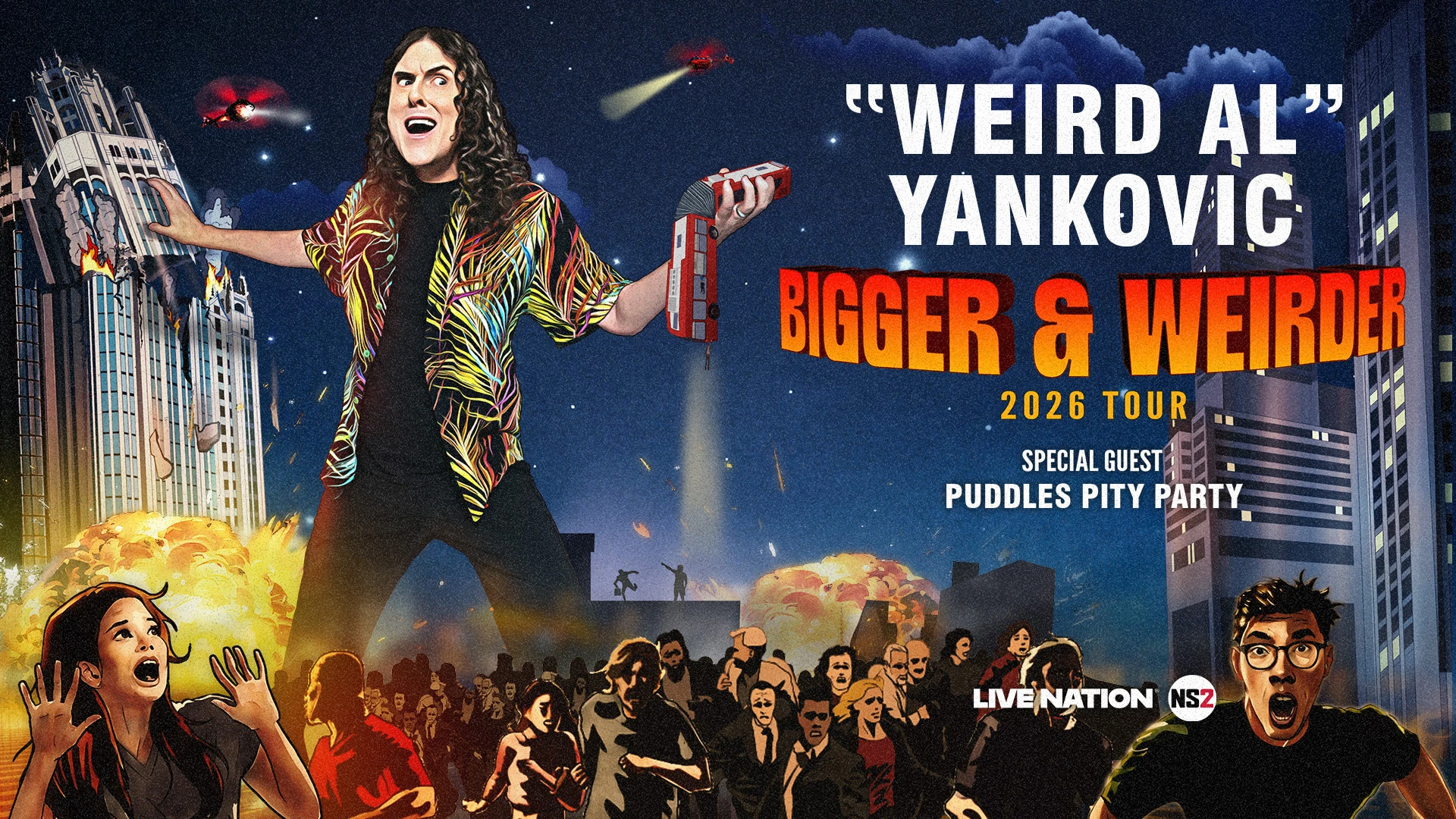 A giant Weird Al Yankovic destroying city skyscrapers with crowds of people running from him. Text includes "Weird Al" Yankovic: Bigger & Weirder 2026 Tour, Special Guest Puddles Pity Party, Live Nation