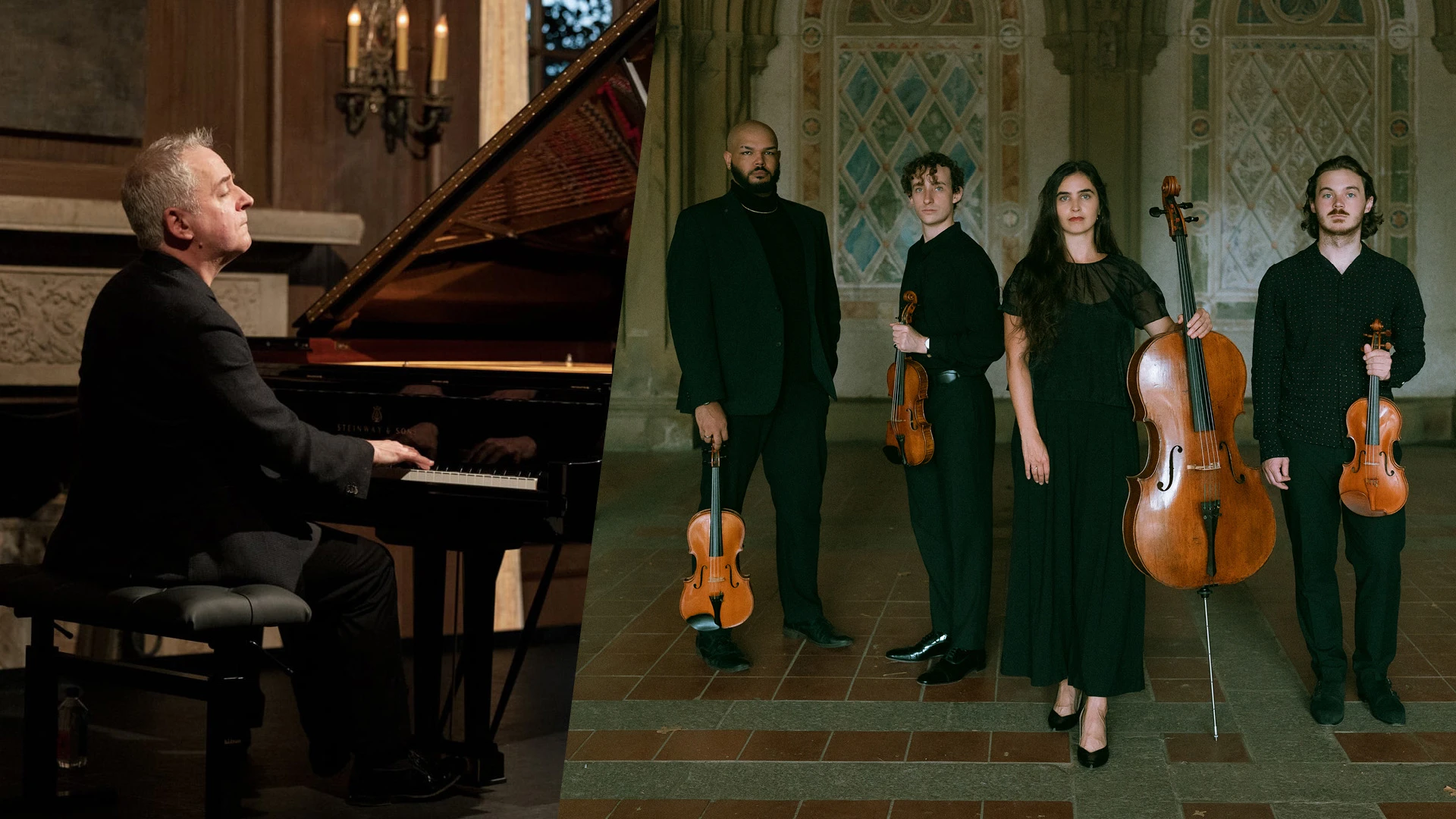 Jeremy Denk playing piano and Isidore String Quartet members standing together with their instruments.